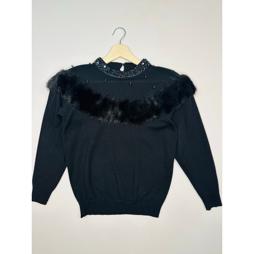 Vintage 1990’s Mariea Kim Acrylic Faux Fur and Sequin Black Sweater Size Medium